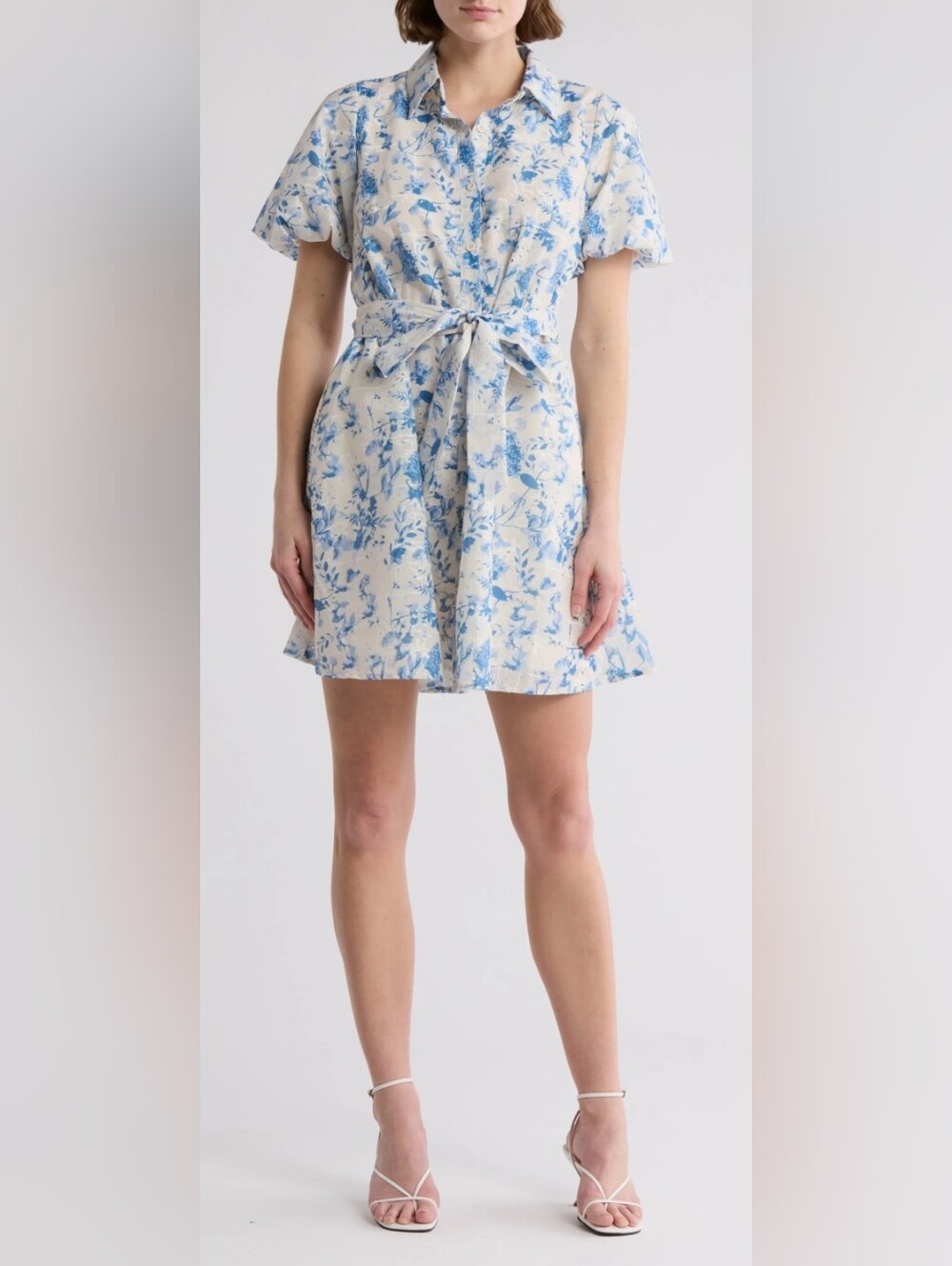 Sam Edelman Floral Eyelet Tie-Waist Puff Short Sleeve Shirt Dress Blue Cream 14